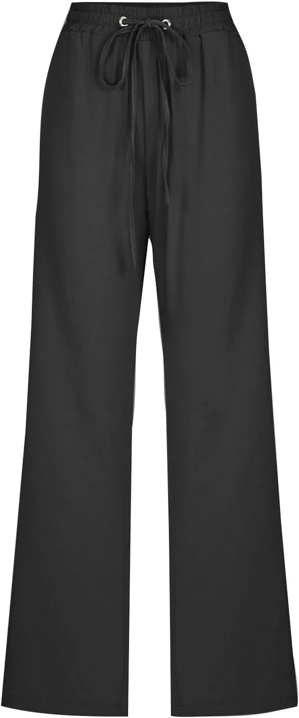 Cotton Linen Pants for Women Printed Capri Pant Wide Leg Plus Size Sweatpants Summer Cropped Elastic Waist Trousers