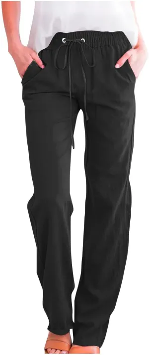 Cotton Linen Pants for Women Printed Capri Pant Wide Leg Plus Size Sweatpants Summer Cropped Elastic Waist Trousers