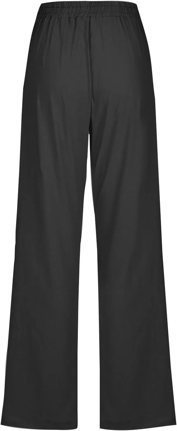 Cotton Linen Pants for Women Printed Capri Pant Wide Leg Plus Size Sweatpants Summer Cropped Elastic Waist Trousers