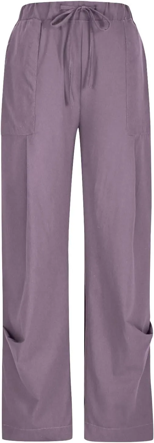 Cotton Linen Pants for Women Summer Wide Leg Pants Drawstring Elastic High Waisted Lounge Pant Casual Beach Trousers