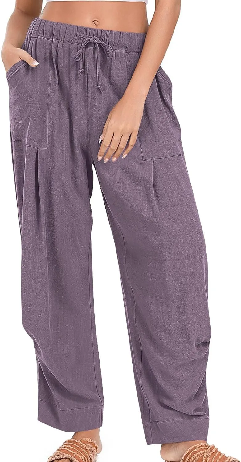 Cotton Linen Pants for Women Summer Wide Leg Pants Drawstring Elastic High Waisted Lounge Pant Casual Beach Trousers