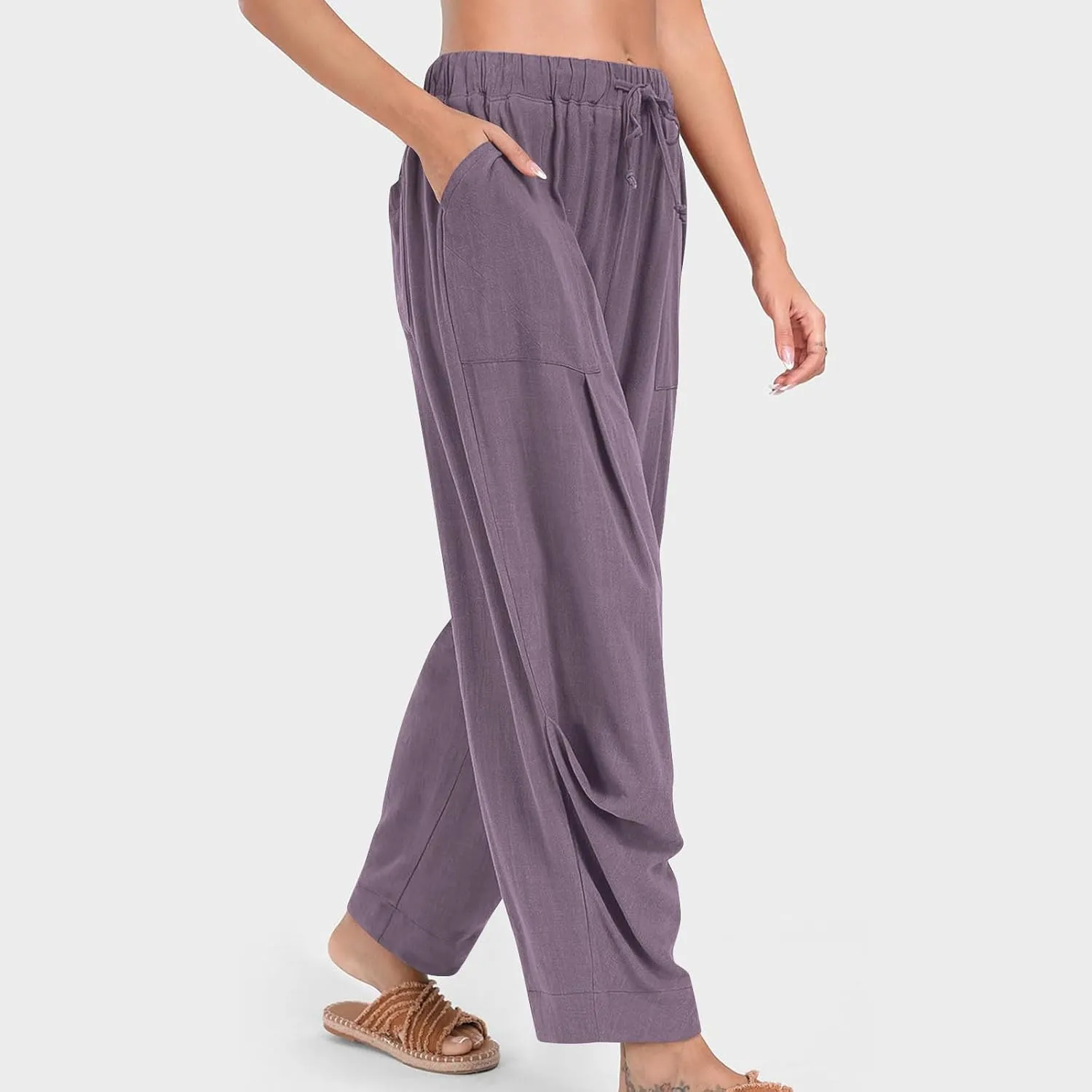 Cotton Linen Pants for Women Summer Wide Leg Pants Drawstring Elastic High Waisted Lounge Pant Casual Beach Trousers