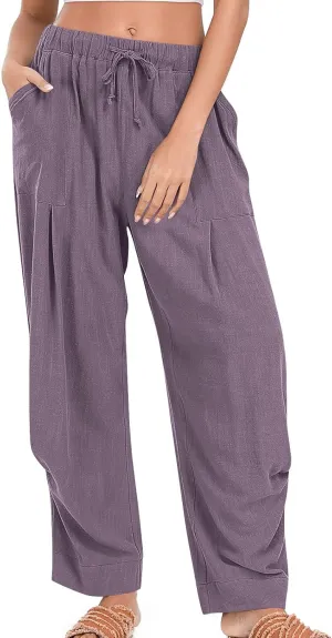 Cotton Linen Pants for Women Summer Wide Leg Pants Drawstring Elastic High Waisted Lounge Pant Casual Beach Trousers