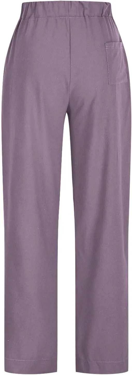 Cotton Linen Pants for Women Summer Wide Leg Pants Drawstring Elastic High Waisted Lounge Pant Casual Beach Trousers