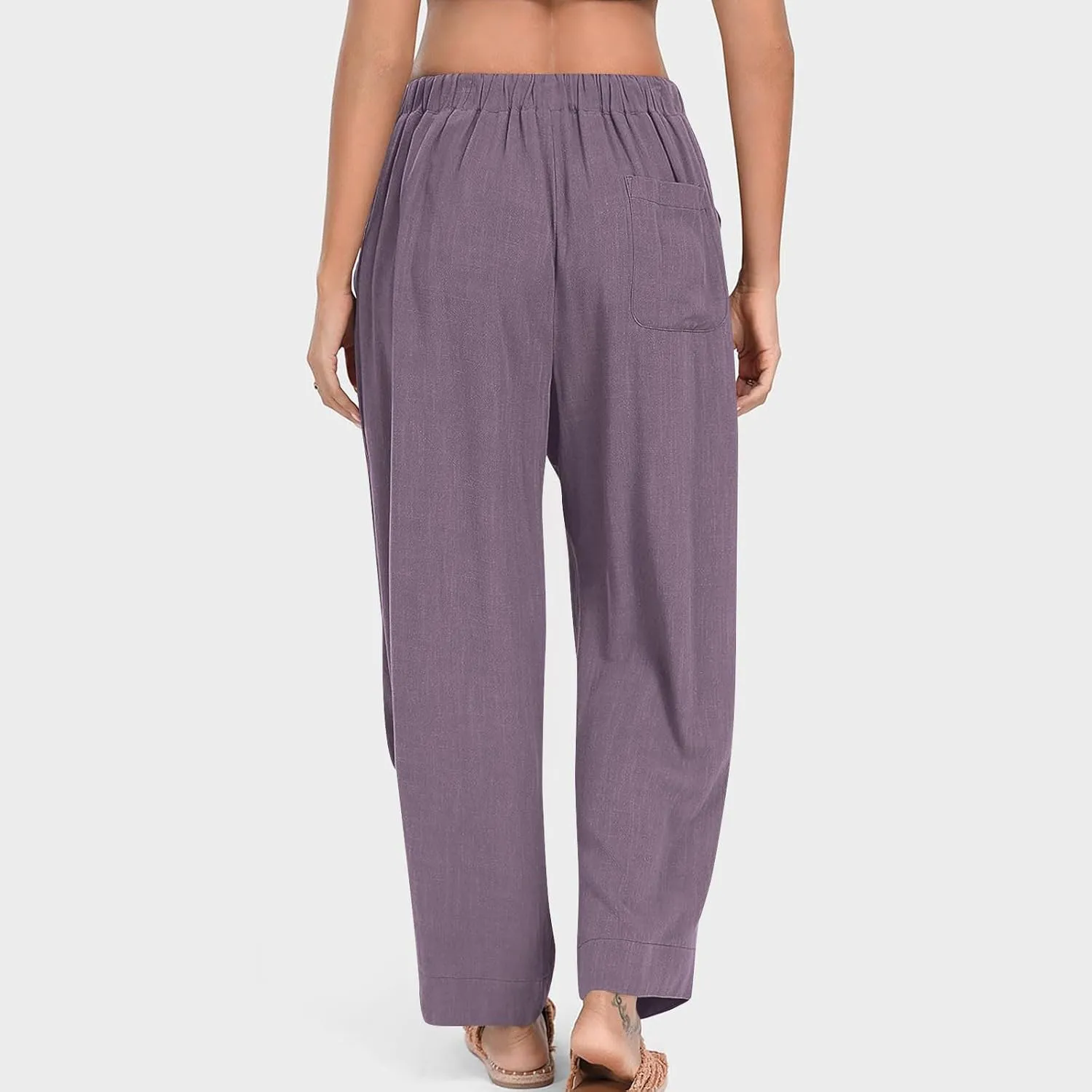 Cotton Linen Pants for Women Summer Wide Leg Pants Drawstring Elastic High Waisted Lounge Pant Casual Beach Trousers