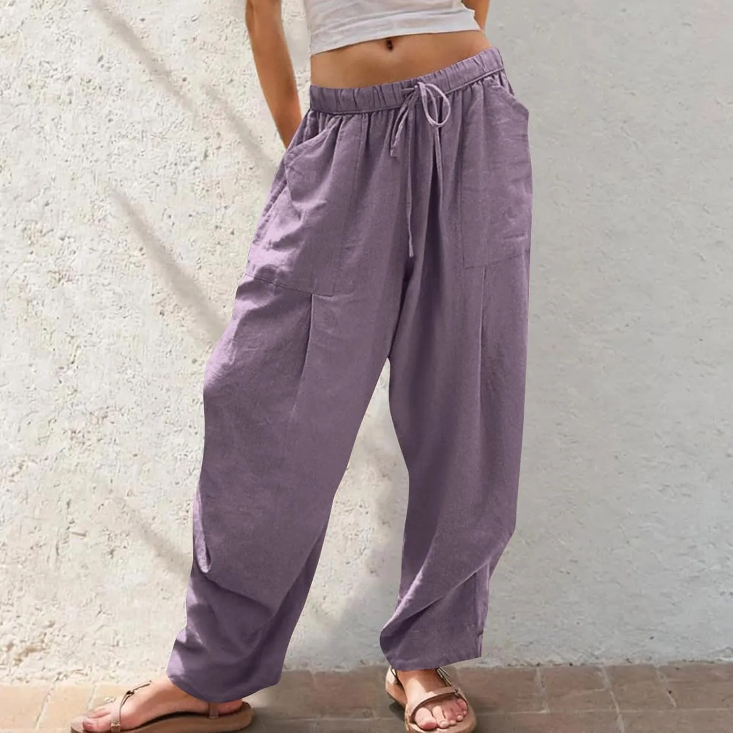 Cotton Linen Pants for Women Summer Wide Leg Pants Drawstring Elastic High Waisted Lounge Pant Casual Beach Trousers