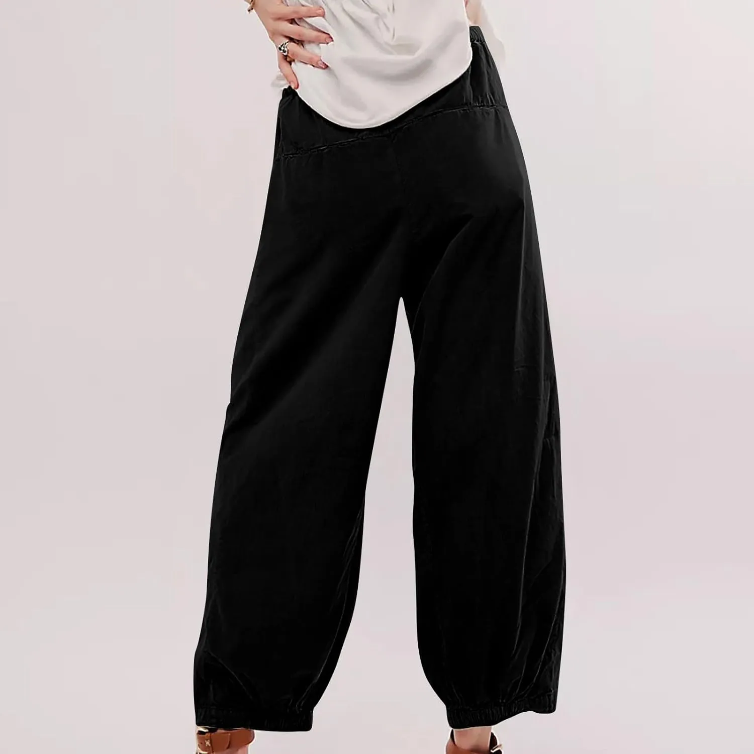 Cotton Linen Pants Women 2024 Casual Trendy Elastic Waist Pleated Long Trousers Fall Solid Color Wide Leg Pants