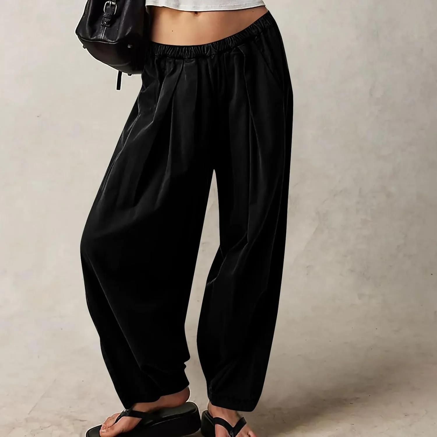 Cotton Linen Pants Women 2024 Casual Trendy Elastic Waist Pleated Long Trousers Fall Solid Color Wide Leg Pants
