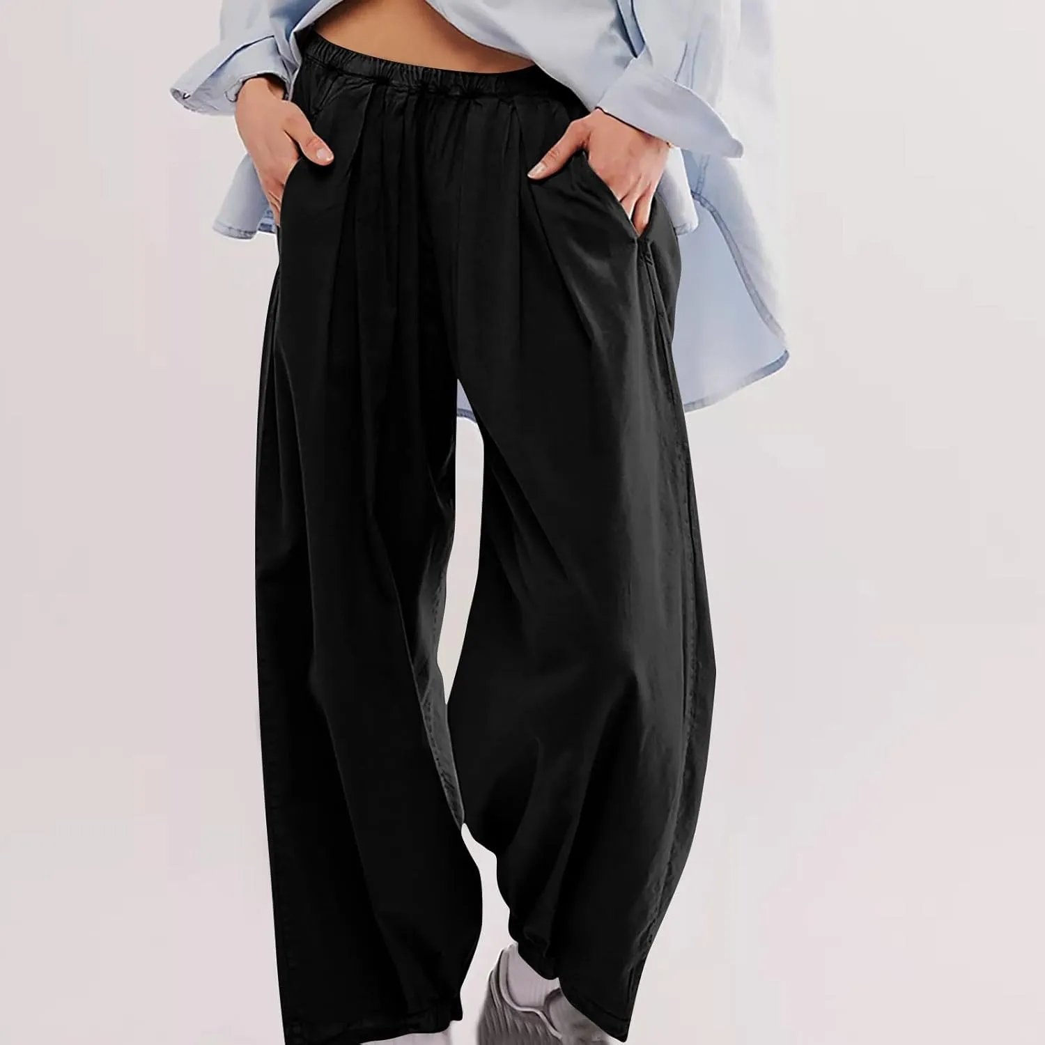 Cotton Linen Pants Women 2024 Casual Trendy Elastic Waist Pleated Long Trousers Fall Solid Color Wide Leg Pants