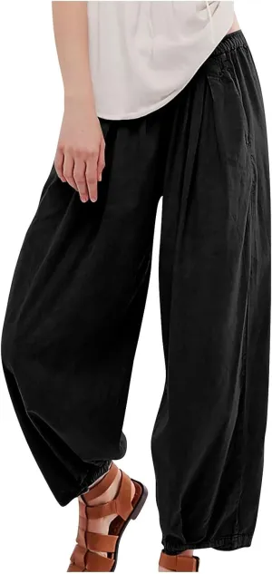Cotton Linen Pants Women 2024 Casual Trendy Elastic Waist Pleated Long Trousers Fall Solid Color Wide Leg Pants