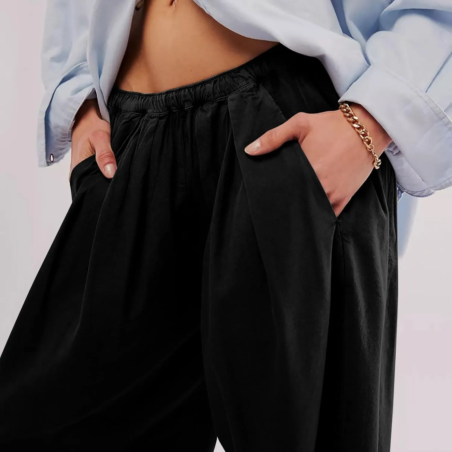 Cotton Linen Pants Women 2024 Casual Trendy Elastic Waist Pleated Long Trousers Fall Solid Color Wide Leg Pants