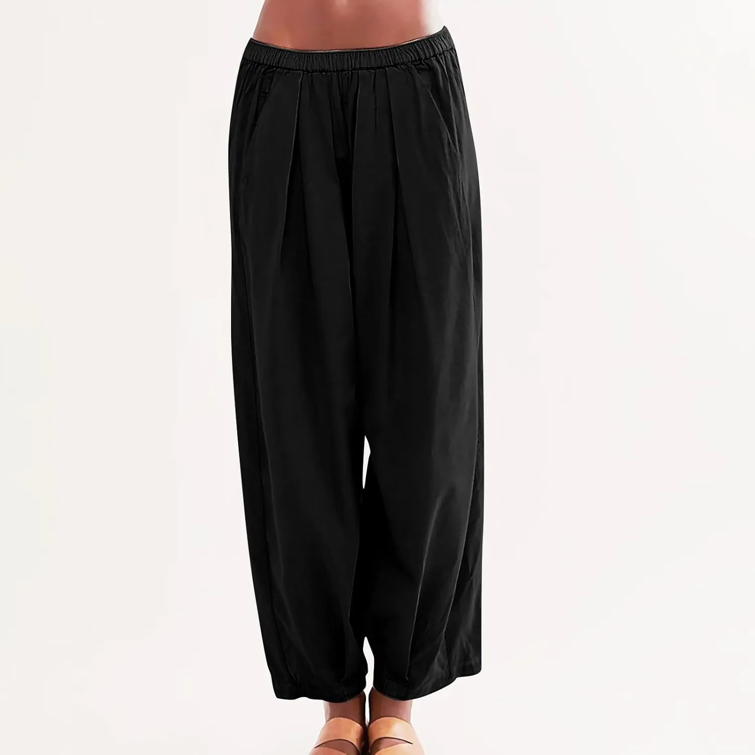 Cotton Linen Pants Women 2024 Casual Trendy Elastic Waist Pleated Long Trousers Fall Solid Color Wide Leg Pants