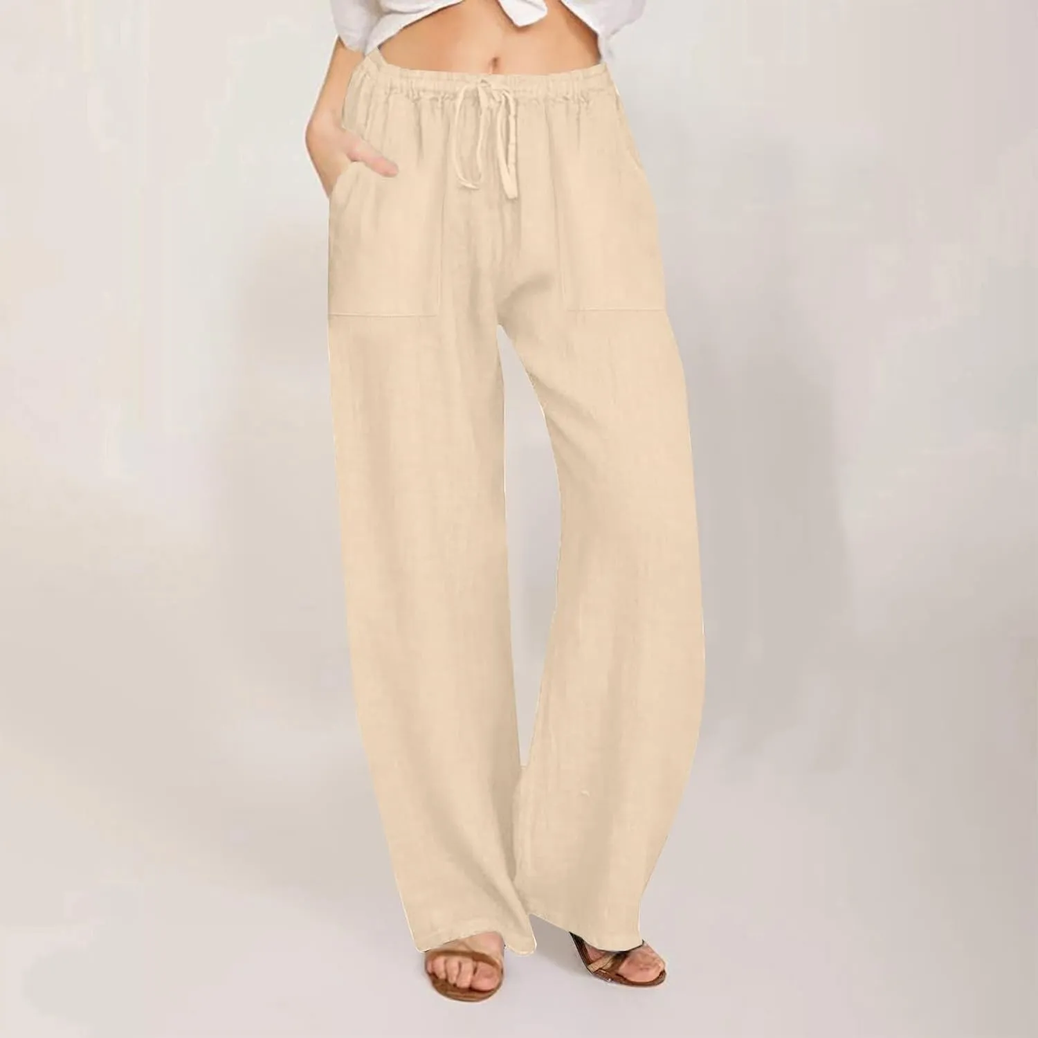 Cotton Linen Pants Women 2025 Summer Wide Leg Casual Loose Trousers Drawstring High Waist Palazzo Pants with Pockets