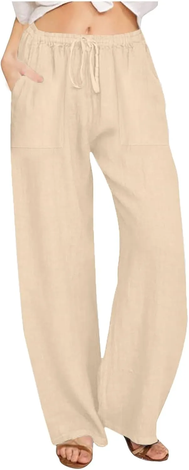 Cotton Linen Pants Women 2025 Summer Wide Leg Casual Loose Trousers Drawstring High Waist Palazzo Pants with Pockets
