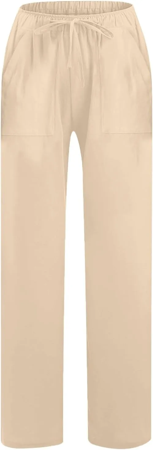 Cotton Linen Pants Women 2025 Summer Wide Leg Casual Loose Trousers Drawstring High Waist Palazzo Pants with Pockets