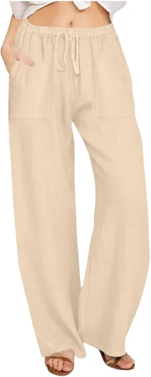 Cotton Linen Pants Women 2025 Summer Wide Leg Casual Loose Trousers Drawstring High Waist Palazzo Pants with Pockets