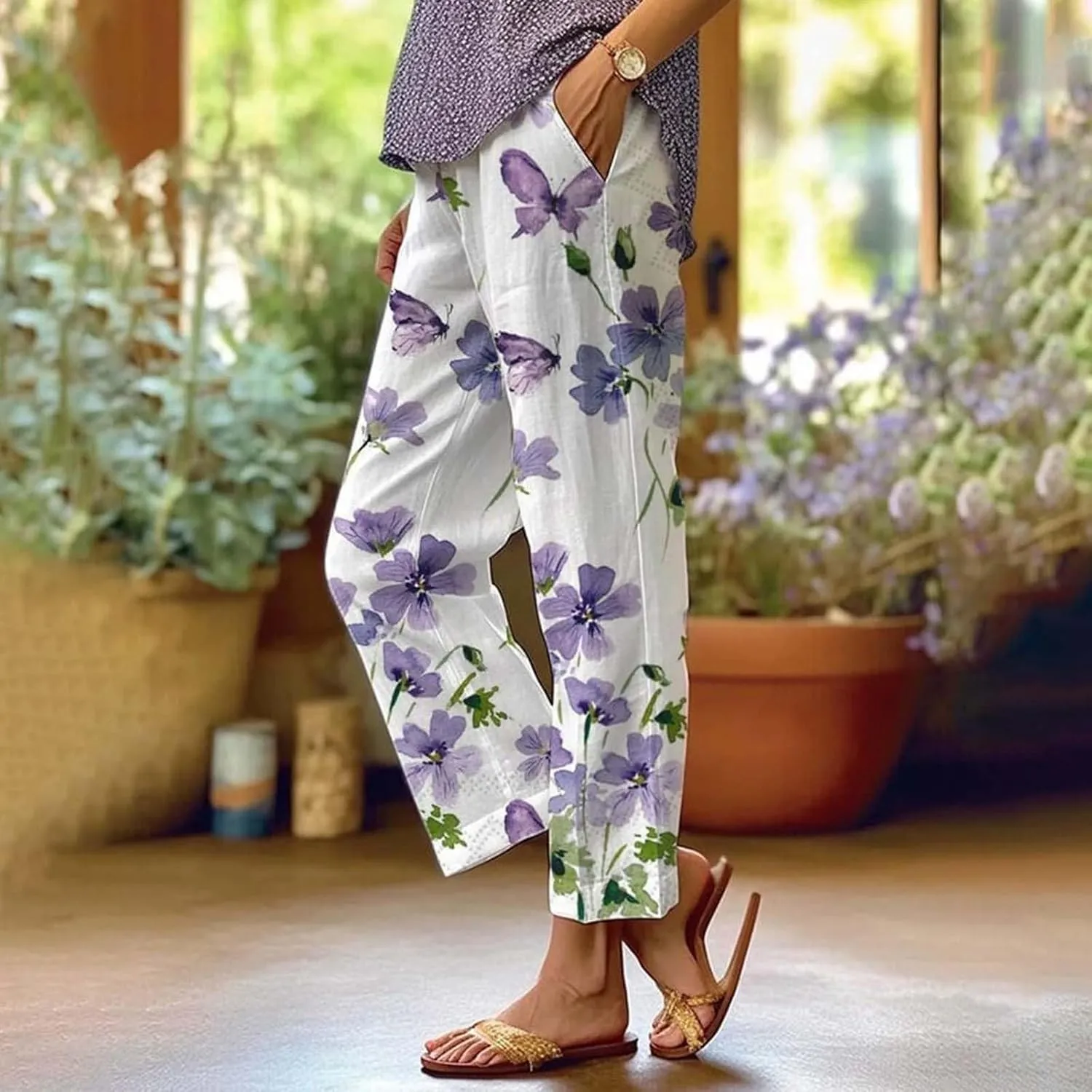 Cotton Linen Pants Women Casual Loose Floral Printed Summer Beach Boho High Waist Straight Wide Leg Outdoor Trousers
