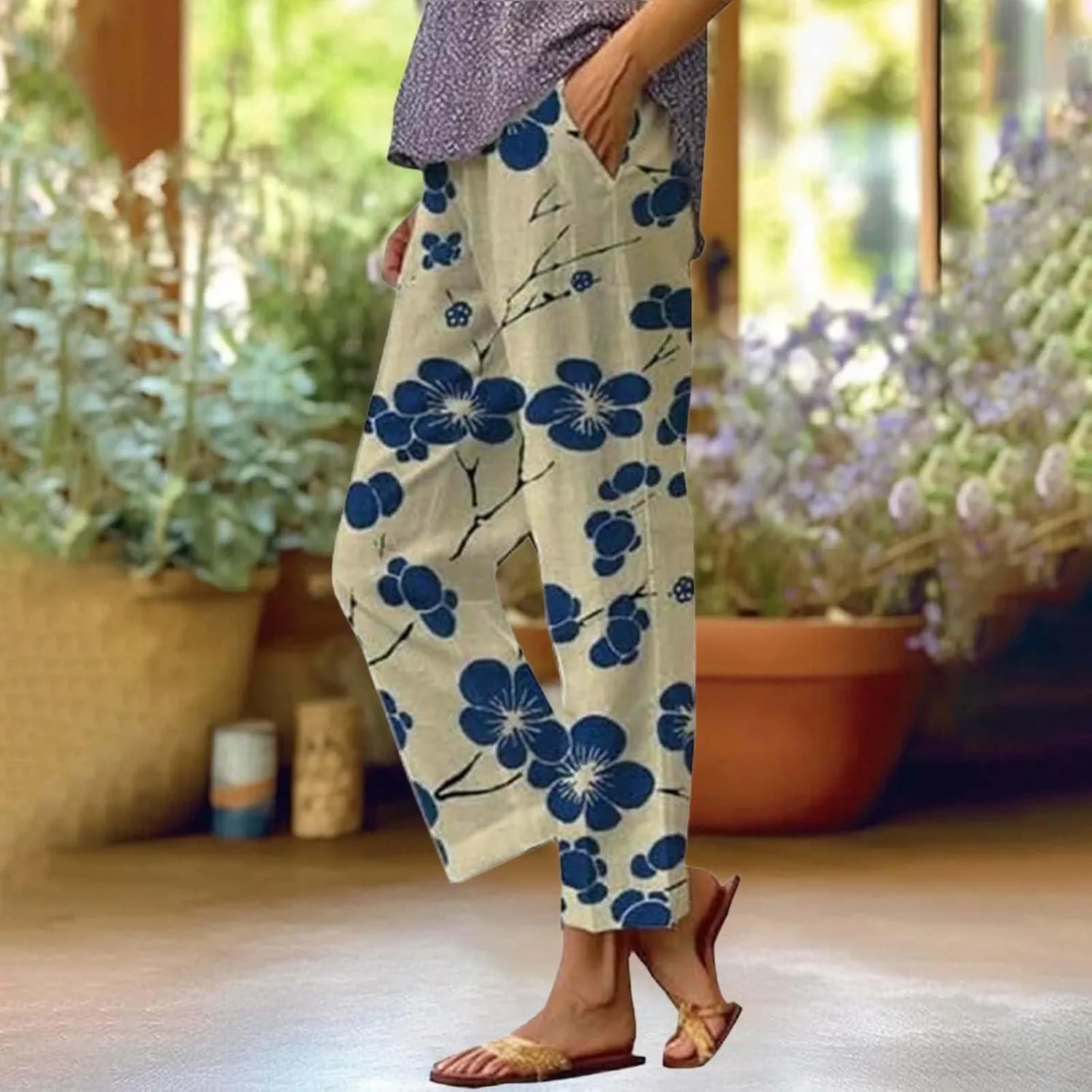 Cotton Linen Pants Women Casual Loose Floral Printed Summer Beach Boho High Waist Straight Wide Leg Outdoor Trousers