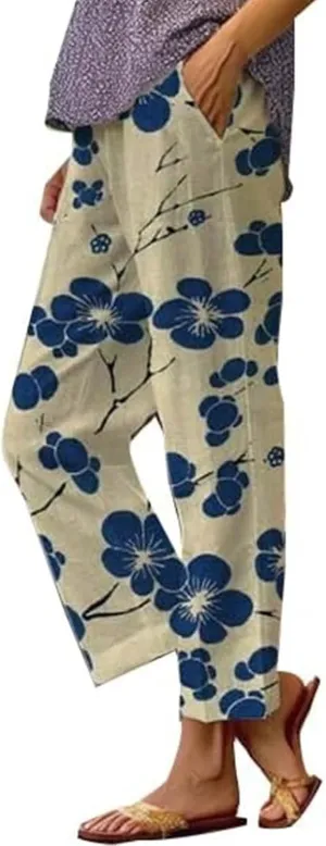 Cotton Linen Pants Women Casual Loose Floral Printed Summer Beach Boho High Waist Straight Wide Leg Outdoor Trousers