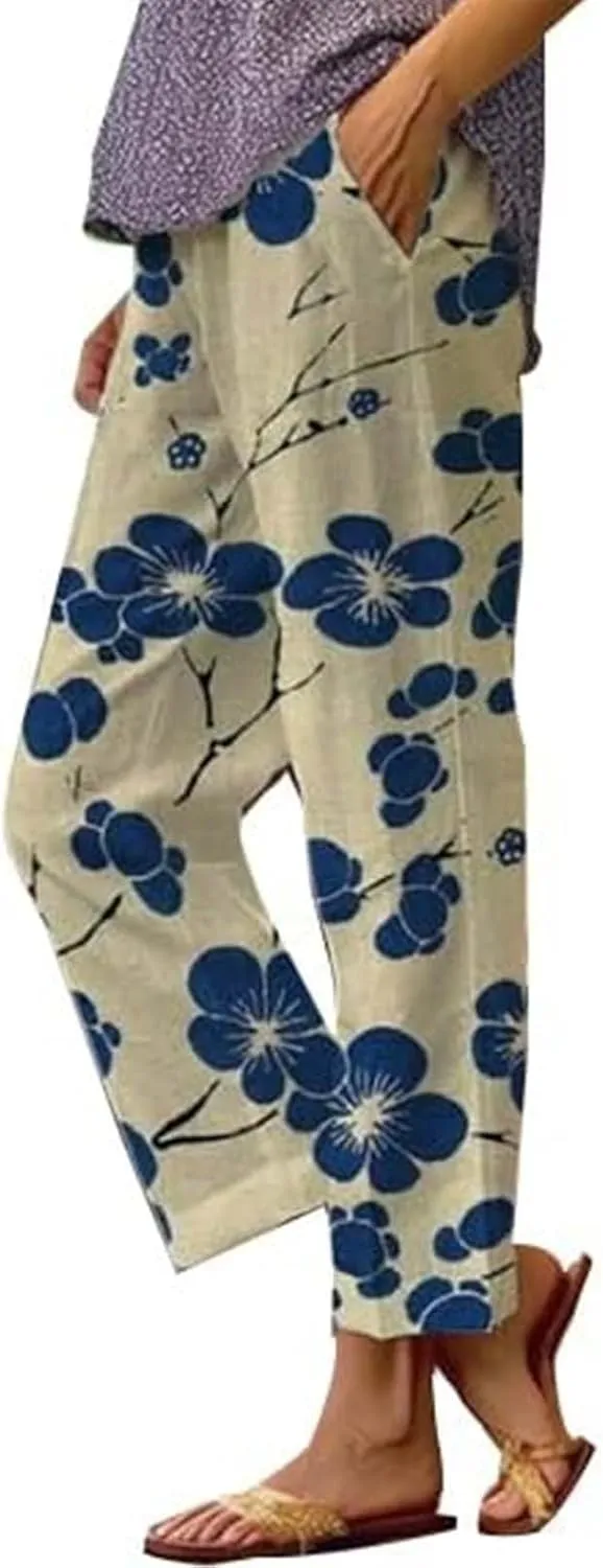 Cotton Linen Pants Women Casual Loose Floral Printed Summer Beach Boho High Waist Straight Wide Leg Outdoor Trousers