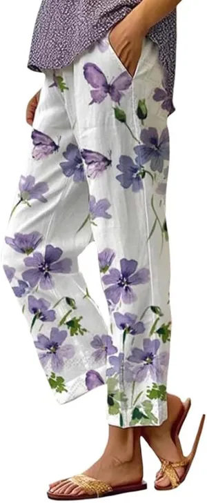 Cotton Linen Pants Women Casual Loose Floral Printed Summer Beach Boho High Waist Straight Wide Leg Outdoor Trousers