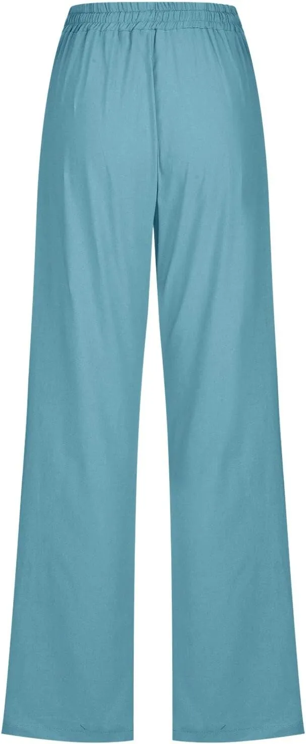 Cotton Linen Pants Women Straight Leg Casual Loose Fit Elastic High Waist Boho Sweatpant Drawstring Palazzo Trouser