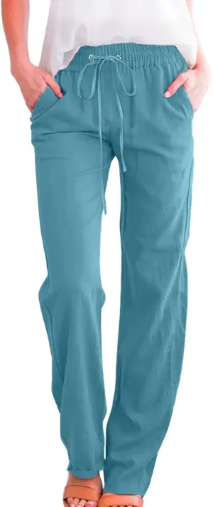 Cotton Linen Pants Women Straight Leg Casual Loose Fit Elastic High Waist Boho Sweatpant Drawstring Palazzo Trouser