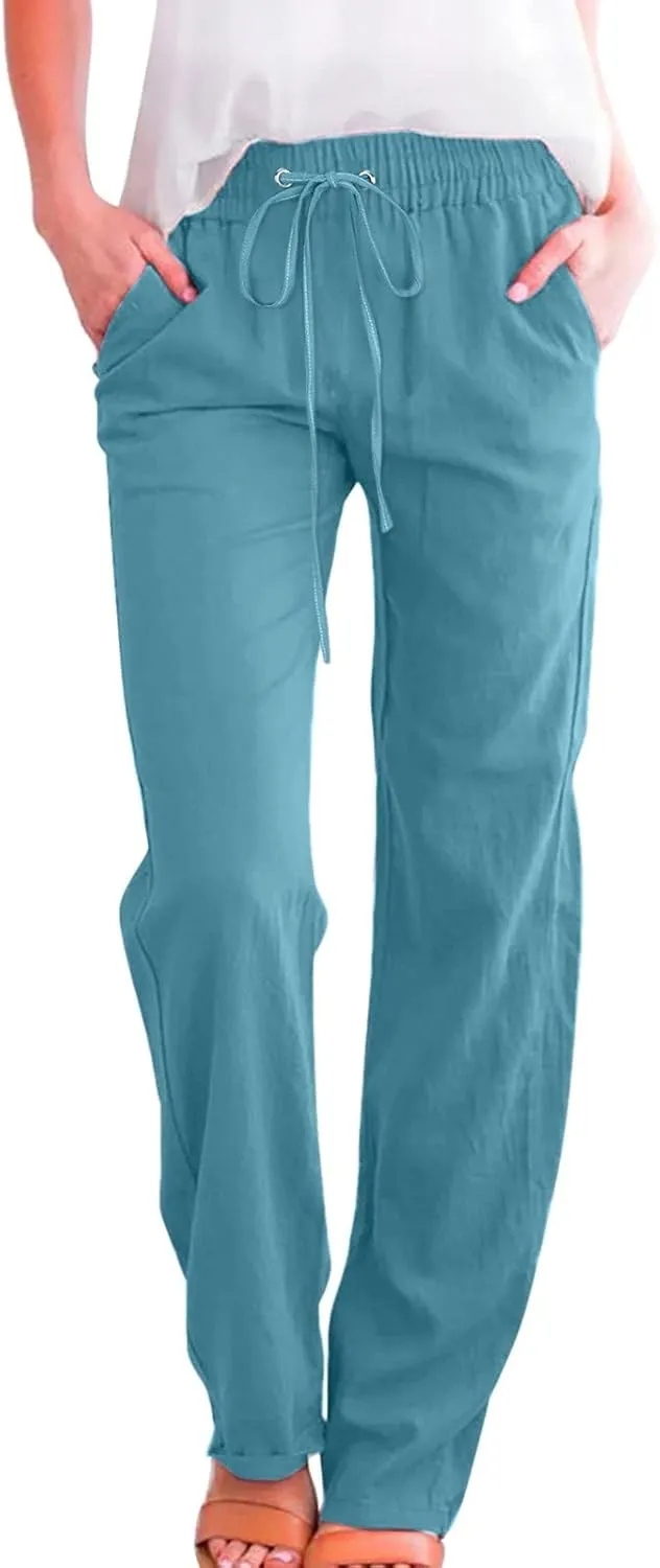 Cotton Linen Pants Women Straight Leg Casual Loose Fit Elastic High Waist Boho Sweatpant Drawstring Palazzo Trouser