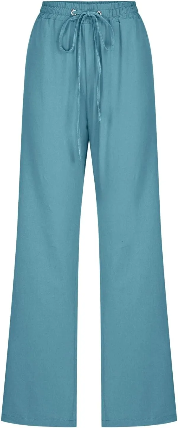 Cotton Linen Pants Women Straight Leg Casual Loose Fit Elastic High Waist Boho Sweatpant Drawstring Palazzo Trouser