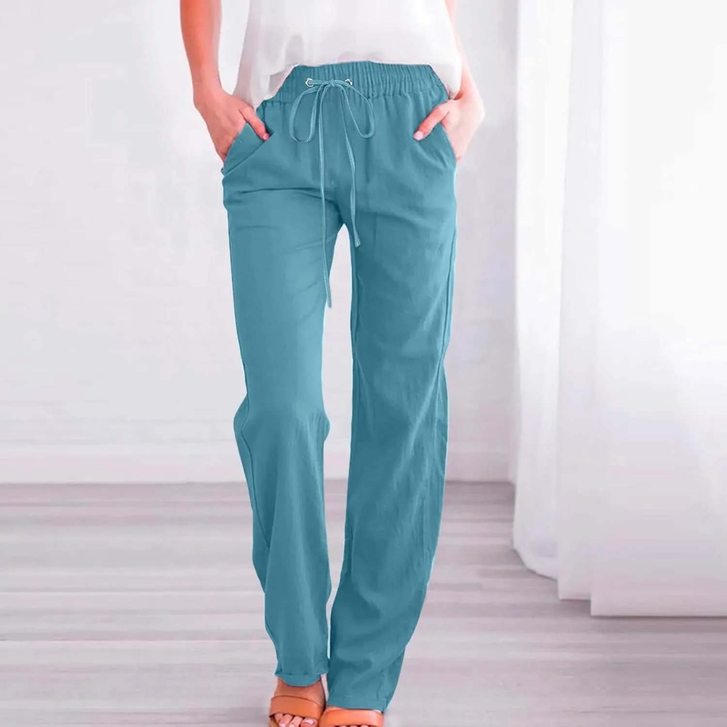 Cotton Linen Pants Women Straight Leg Casual Loose Fit Elastic High Waist Boho Sweatpant Drawstring Palazzo Trouser