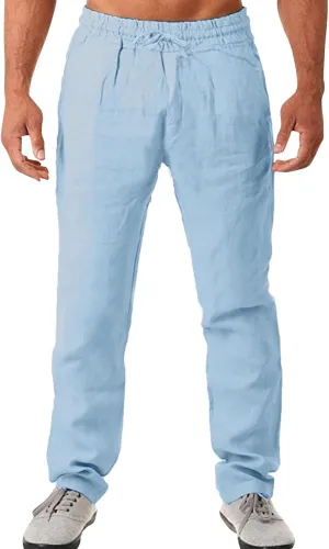 Cotton Linen Workout Pants for Men Breathable Comfy Trousers Summer Loose Fit Baggy Long Pant Hiking Gym Joggers Chinos Pants Men Mens Activewear Pants