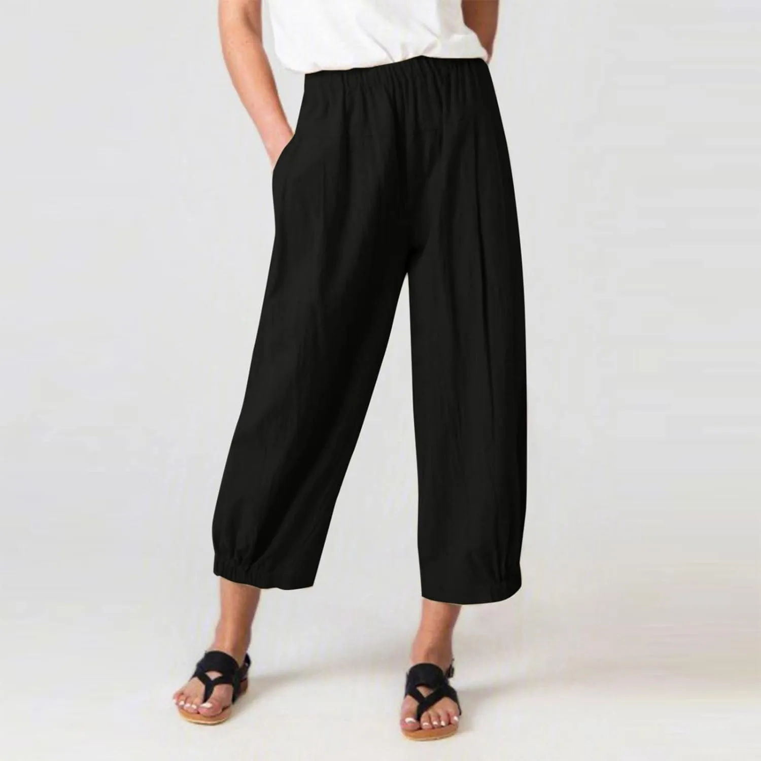 Cropped Linen Pants for Women Casual Loose Fit Elastic Waist Wide Led Summer Pants Straight Leg Lounge Trousers