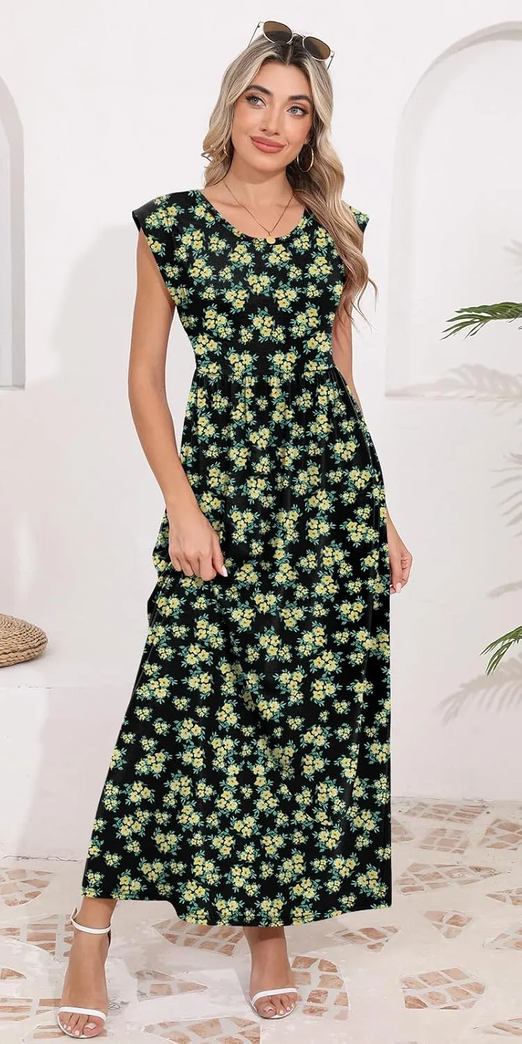 DB MOON Womens 2025 Maxi Dresses Empire Waist Long Summer Dress Casual Cap Short Sleeve Sundress with Pockets