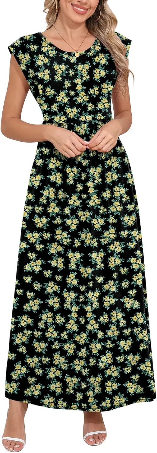 DB MOON Womens 2025 Maxi Dresses Empire Waist Long Summer Dress Casual Cap Short Sleeve Sundress with Pockets