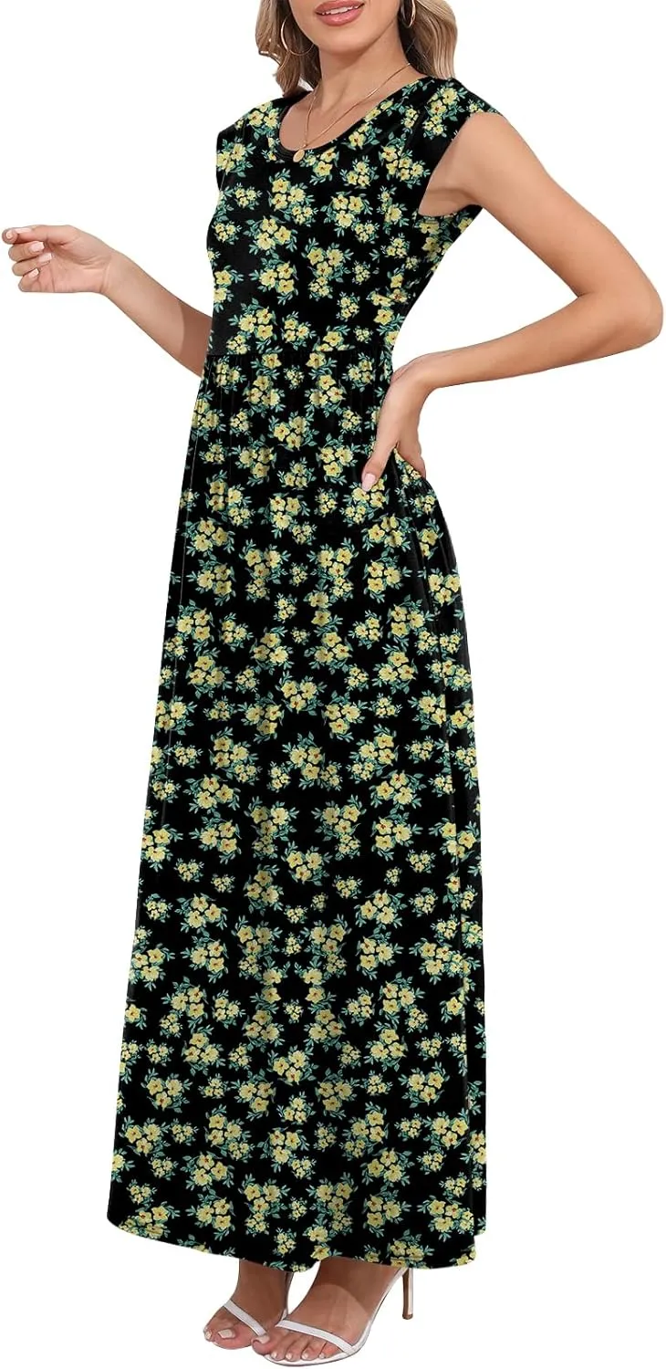 DB MOON Womens 2025 Maxi Dresses Empire Waist Long Summer Dress Casual Cap Short Sleeve Sundress with Pockets