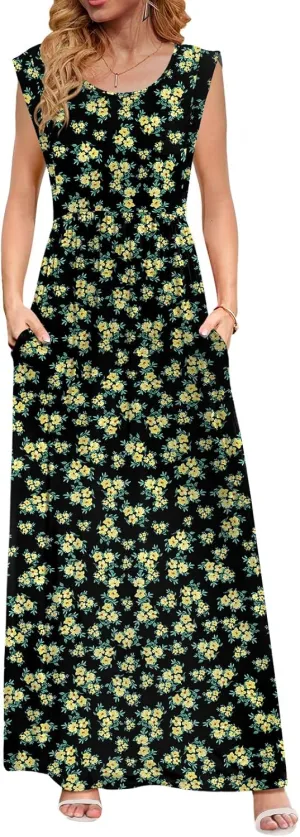 DB MOON Womens 2025 Maxi Dresses Empire Waist Long Summer Dress Casual Cap Short Sleeve Sundress with Pockets