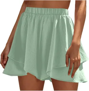 DDAPJ pyju Womens Summer Casual Shorts Double Ruffle Golf Skirts Elastic High Waist Wide Leg Flowy Shorts Beach Skorts