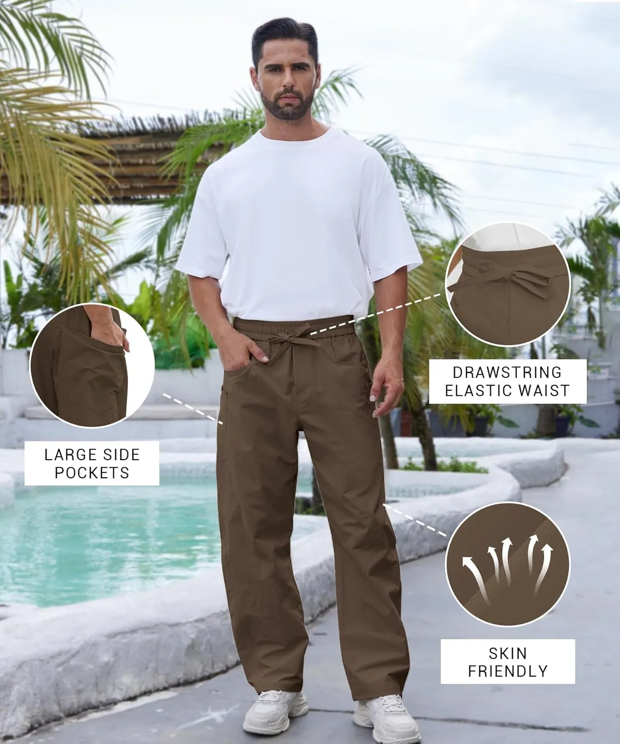DEARCASE Men's Casual Baggy Elastic Waist Pants with Large Pockets Lightweight Relaxed Fit Drawstring Trousers