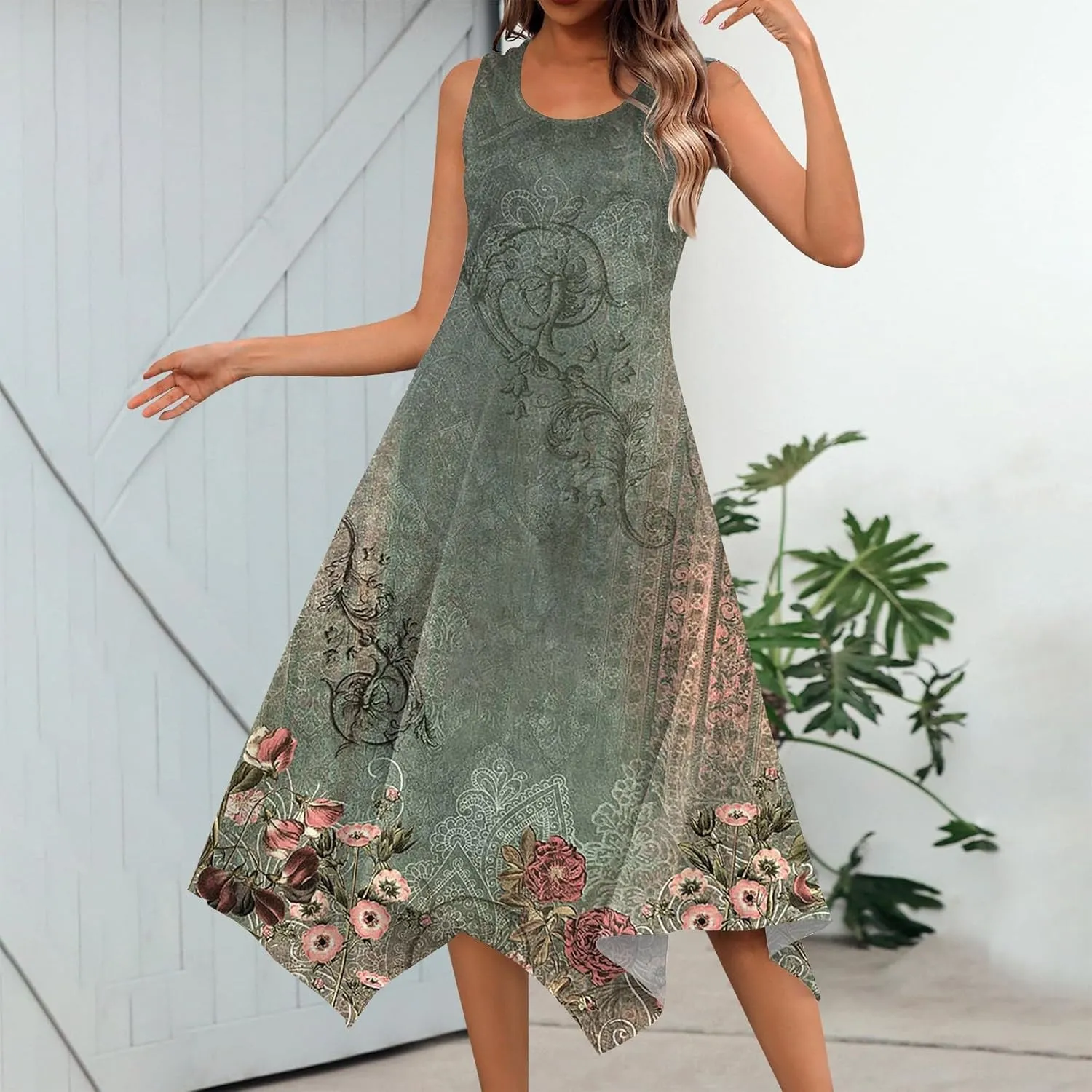 DOPOCQ Summer Dresses for Women 2024 Elegant Print Swing Hem Tank Midi Dresses Casual Plus Size Sleeveless Crewneck Sundress