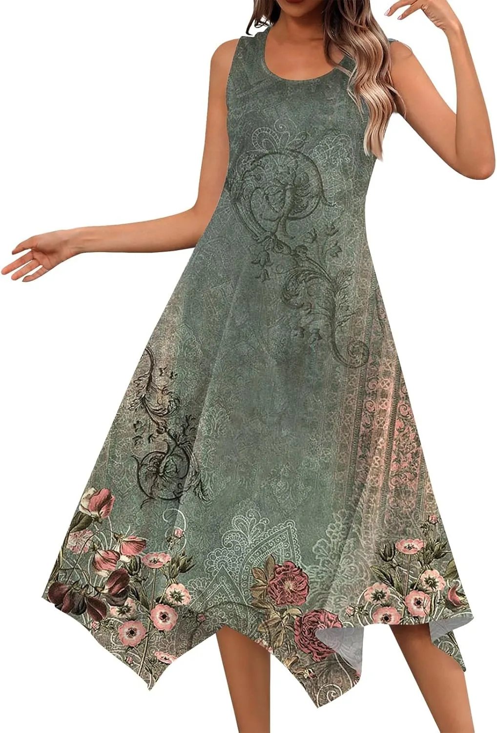 DOPOCQ Summer Dresses for Women 2024 Elegant Print Swing Hem Tank Midi Dresses Casual Plus Size Sleeveless Crewneck Sundress