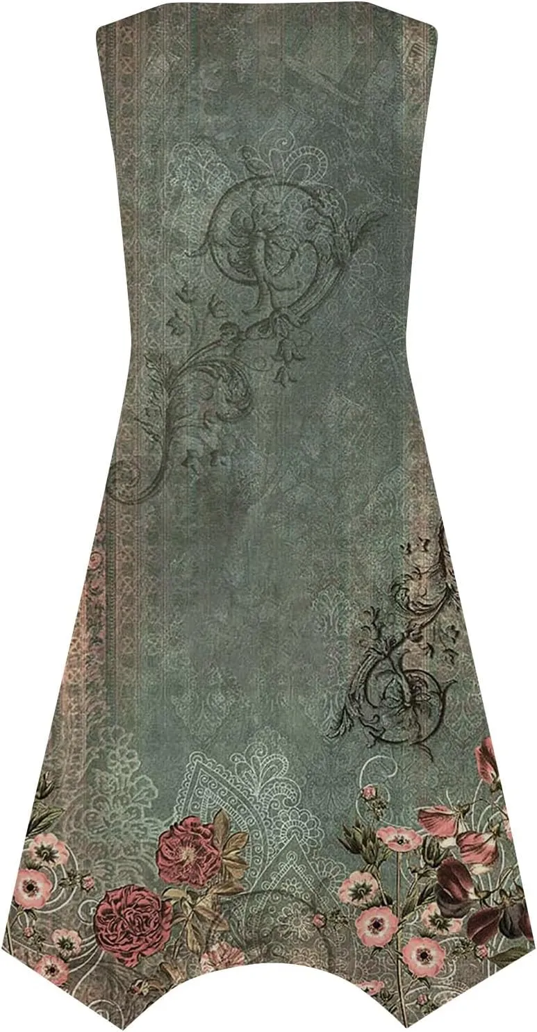 DOPOCQ Summer Dresses for Women 2024 Elegant Print Swing Hem Tank Midi Dresses Casual Plus Size Sleeveless Crewneck Sundress