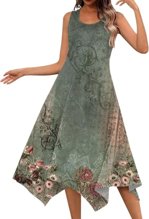 DOPOCQ Summer Dresses for Women 2024 Elegant Print Swing Hem Tank Midi Dresses Casual Plus Size Sleeveless Crewneck Sundress