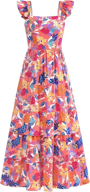 dowerme Summer Dresses for Women 2025 Casual Ruffle Smocked Tiered A-Line Boho Floral Maxi Beach Sun Dress with Pockets
