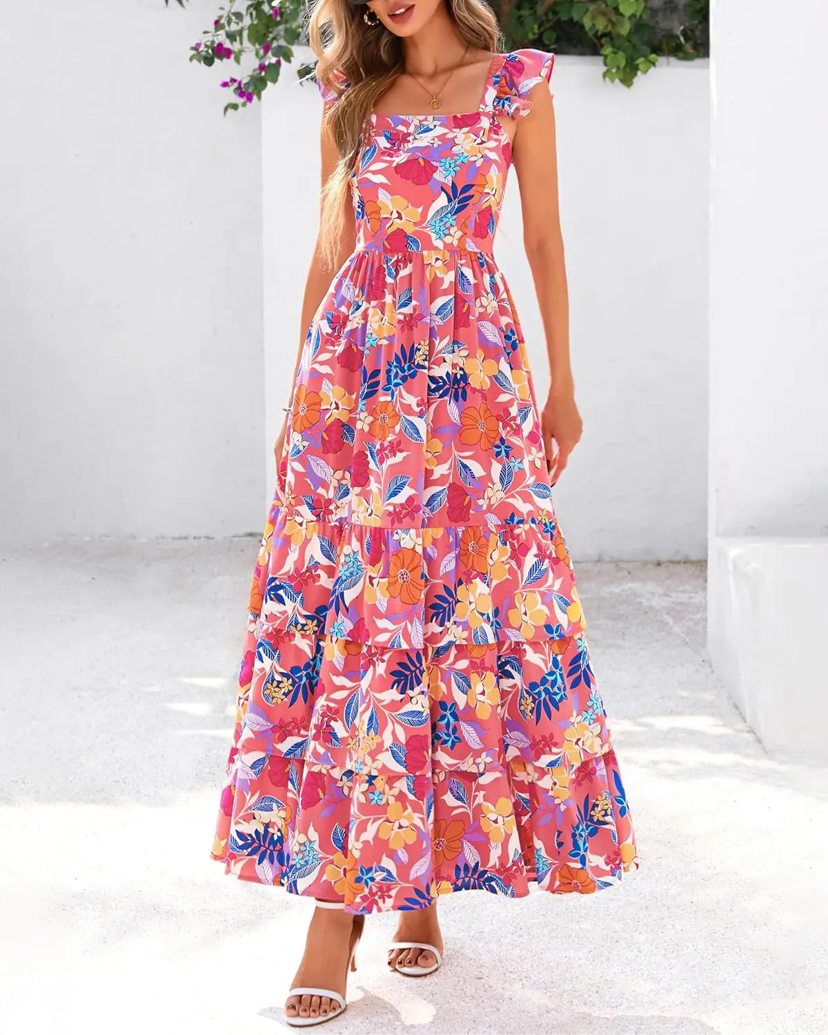 dowerme Summer Dresses for Women 2025 Casual Ruffle Smocked Tiered A-Line Boho Floral Maxi Beach Sun Dress with Pockets