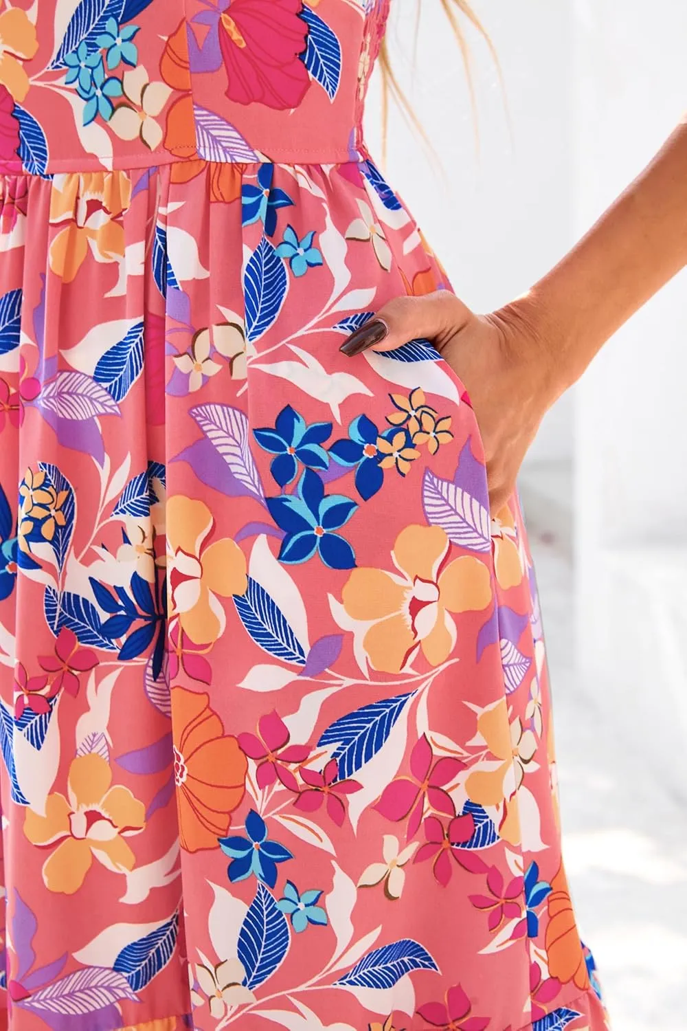 dowerme Summer Dresses for Women 2025 Casual Ruffle Smocked Tiered A-Line Boho Floral Maxi Beach Sun Dress with Pockets