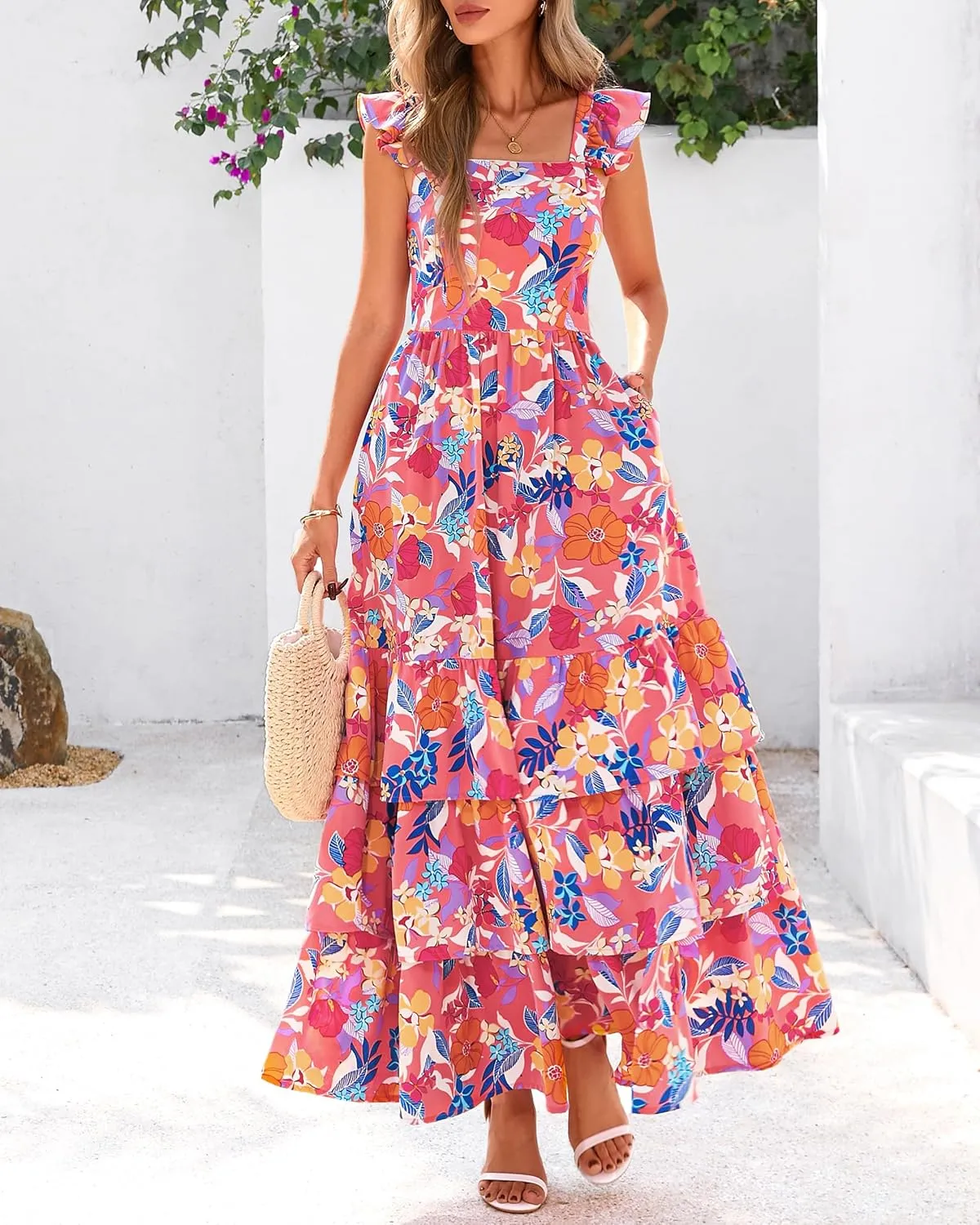 dowerme Summer Dresses for Women 2025 Casual Ruffle Smocked Tiered A-Line Boho Floral Maxi Beach Sun Dress with Pockets
