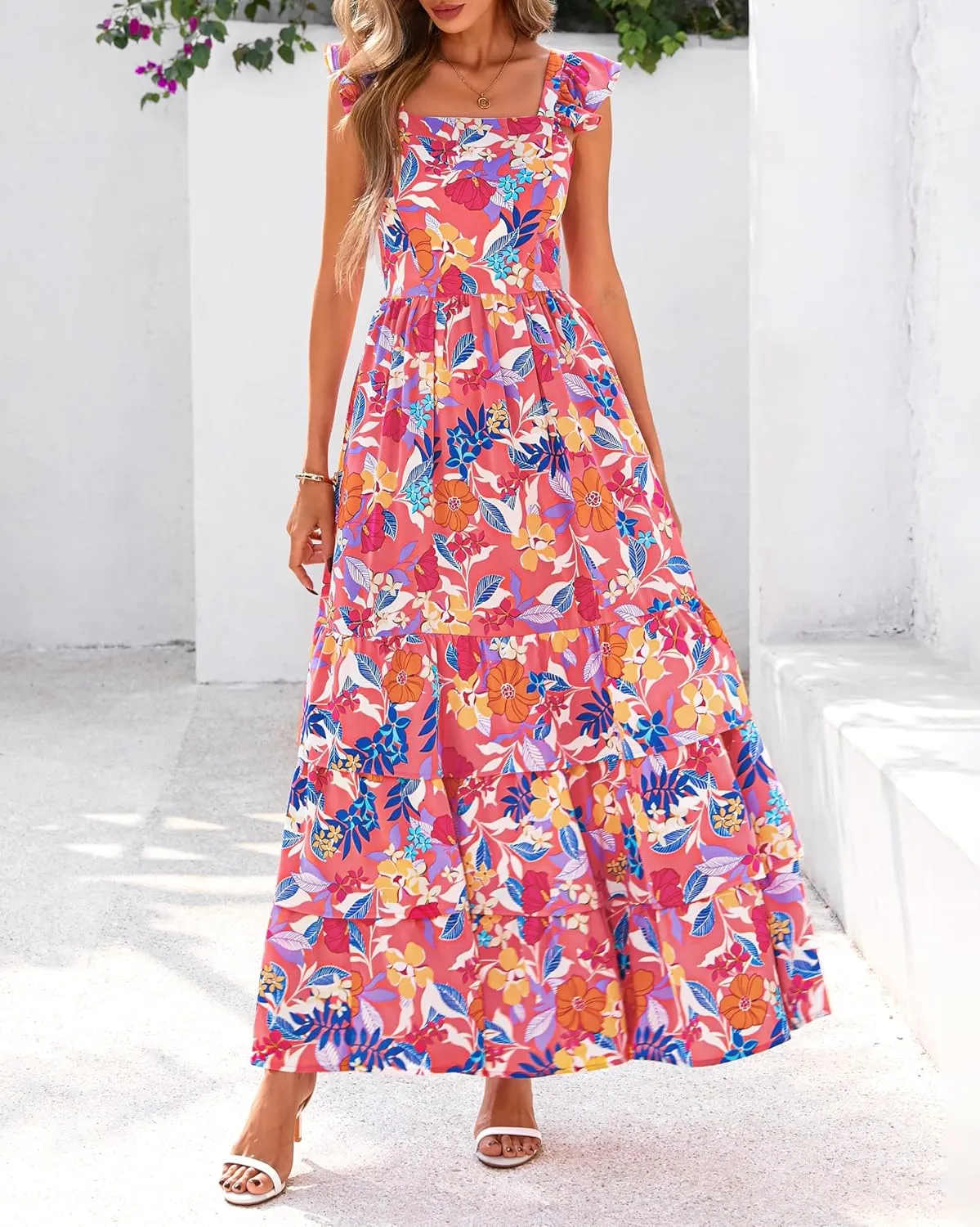 dowerme Summer Dresses for Women 2025 Casual Ruffle Smocked Tiered A-Line Boho Floral Maxi Beach Sun Dress with Pockets