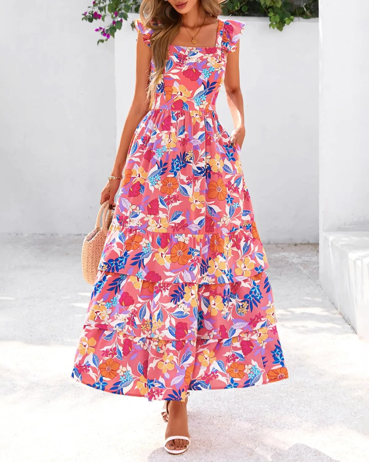 dowerme Summer Dresses for Women 2025 Casual Ruffle Smocked Tiered A-Line Boho Floral Maxi Beach Sun Dress with Pockets