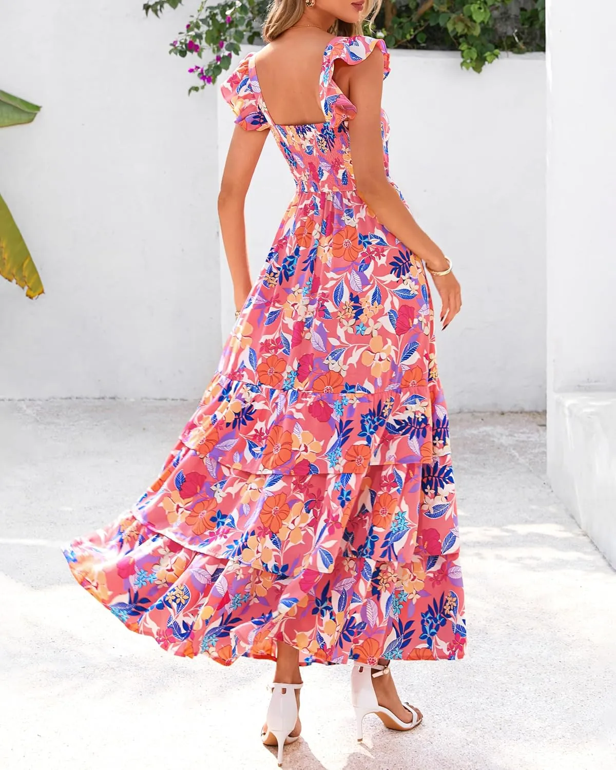 dowerme Summer Dresses for Women 2025 Casual Ruffle Smocked Tiered A-Line Boho Floral Maxi Beach Sun Dress with Pockets