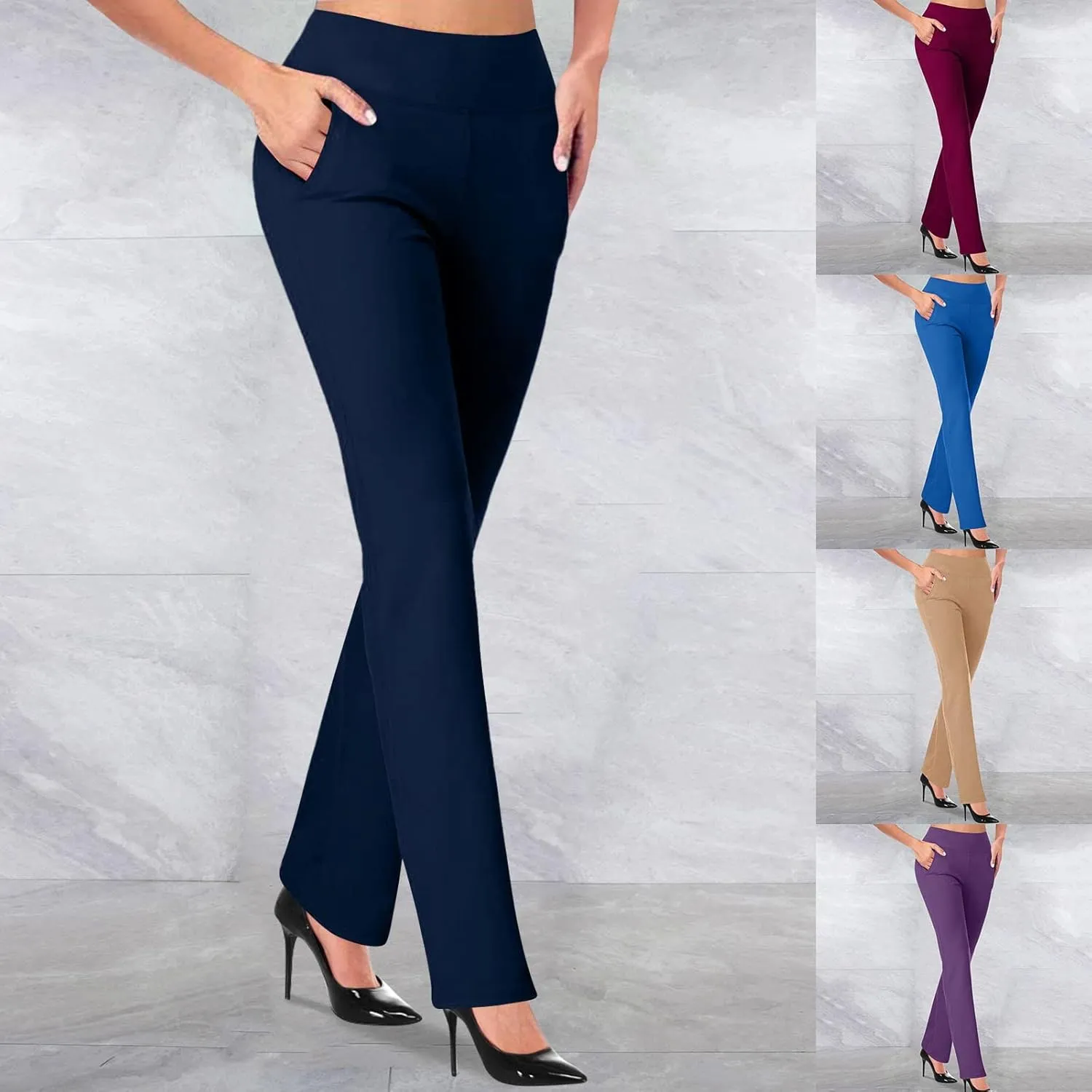 Dress Pants Women Business Casual Work Pants Solid High Waist Stretchy Trousers Bootcut Office Pull On Slacks with Pockets